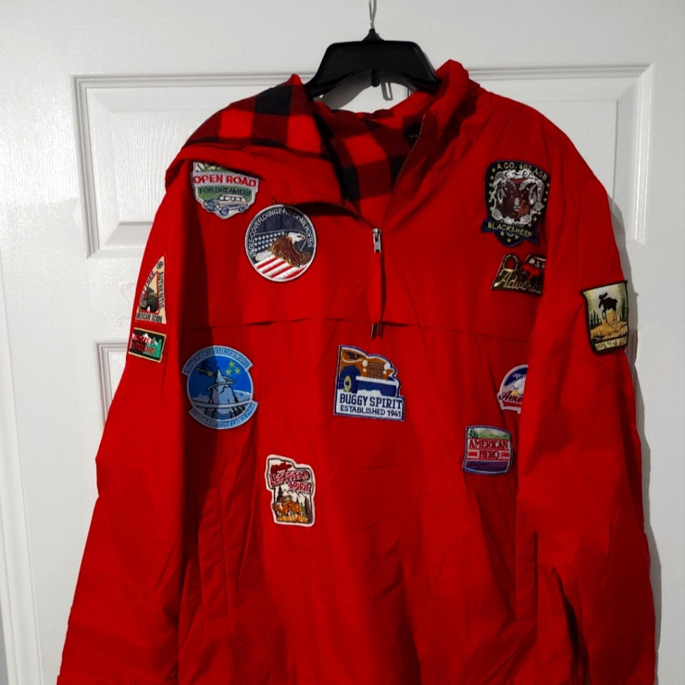 Men's windbreaker extra large Red color patch jacket by Cooper Rivet